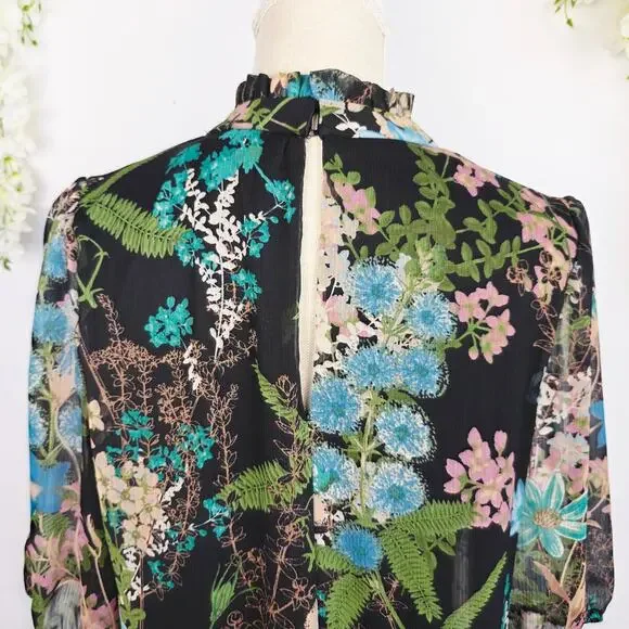 Melonie T Dress Sz 12 Black Floral Chiffon Ruffle Neck Cottage Whimsigoth Fairy - Picture 8 of 14